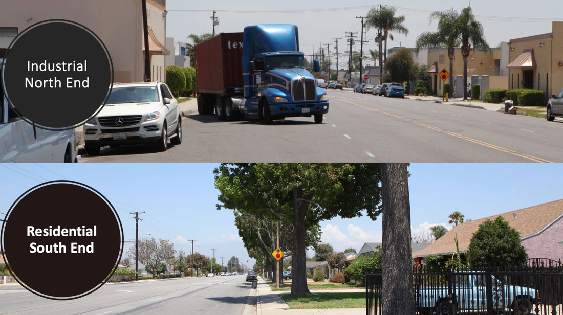 Two images stacked. One image is of Merced avenue facing north. There is a big cargo truck in the left lane. The bottom picture is of Merced Avenue facing south with a line of residential houses. The image is meant to depict the state of Merced Avenue before construction.